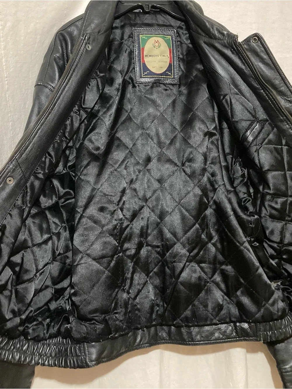 Members Only Black Leather Bomber Jacket Large EUC